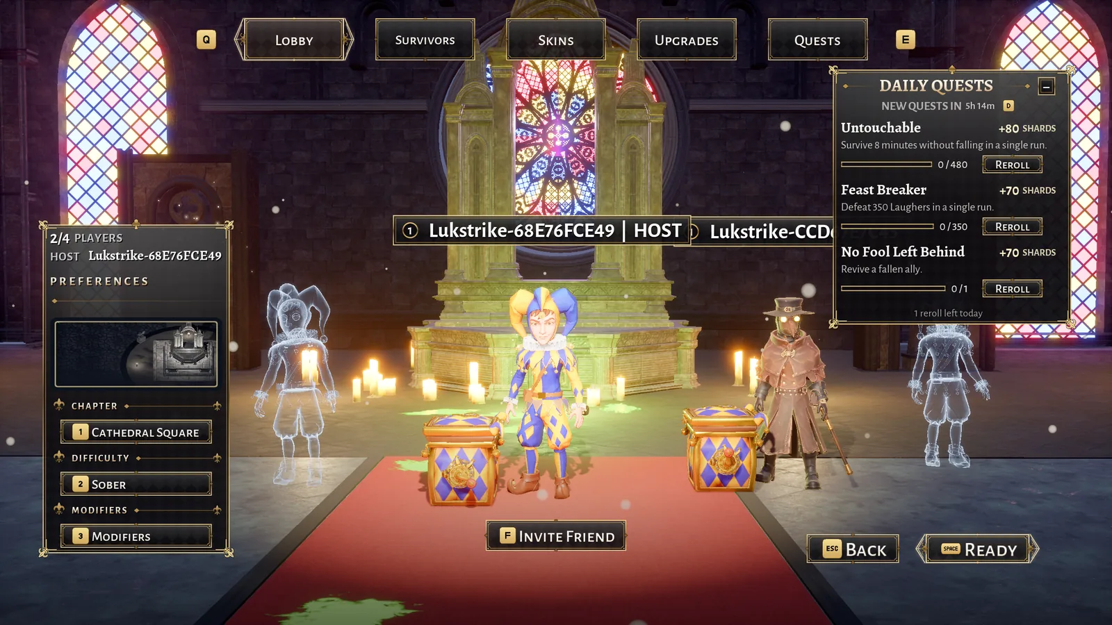 Two heroes, the Jester and the Plague Doctor, in the co-op lobby